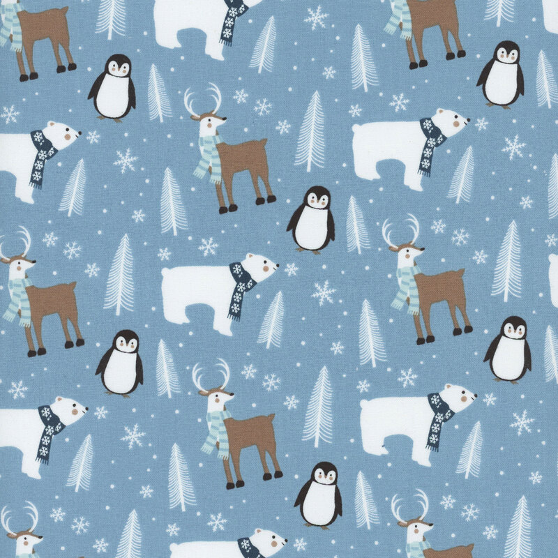 Fabric featuring penguins, polar bears, deer, and trees against an aqua blue background with snowflakes.