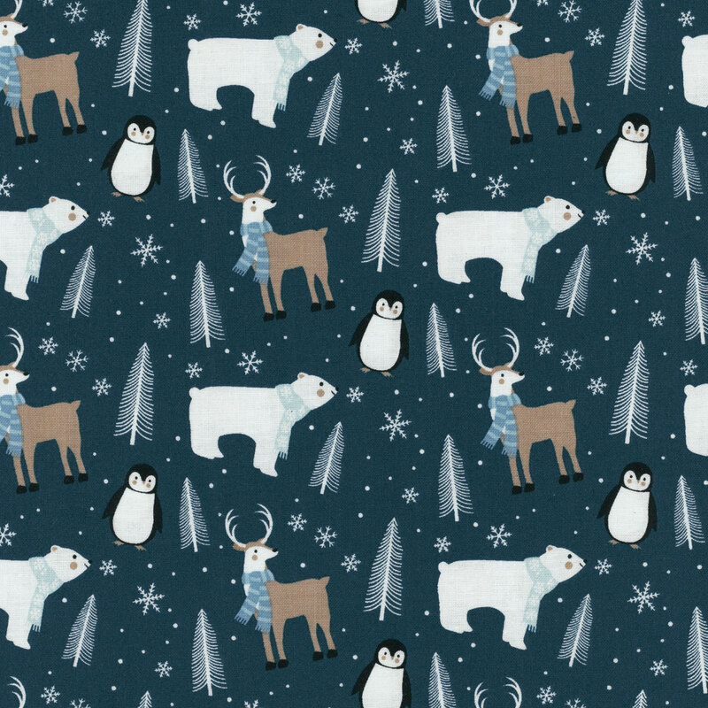 Fabric featuring penguins, polar bears, deer, and trees against a dark teal background with snowflakes.
