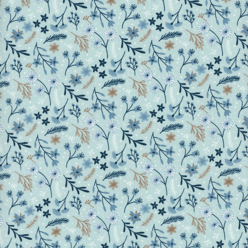 Fabric tossed with florals, leaves, and sprigs on a light aqua background.