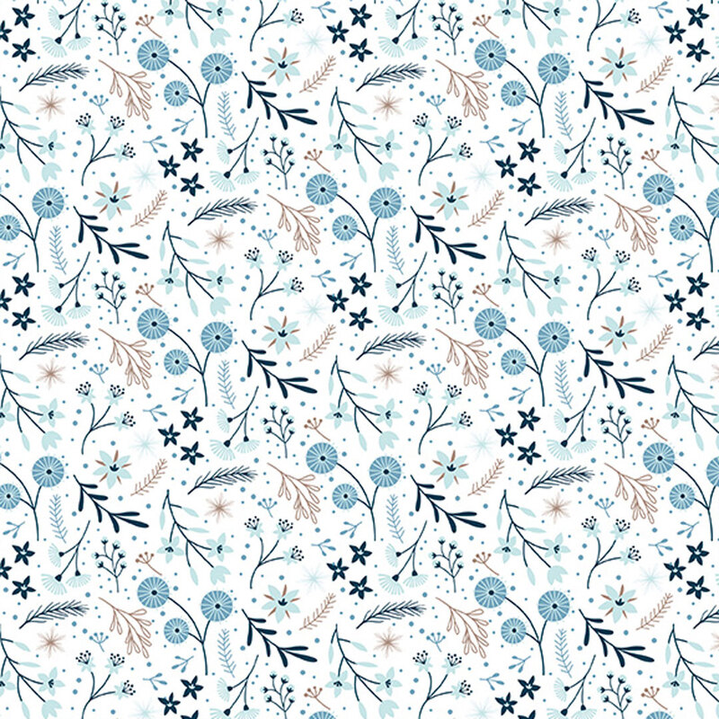 Fabric tossed with florals, leaves, and sprigs on a white background.