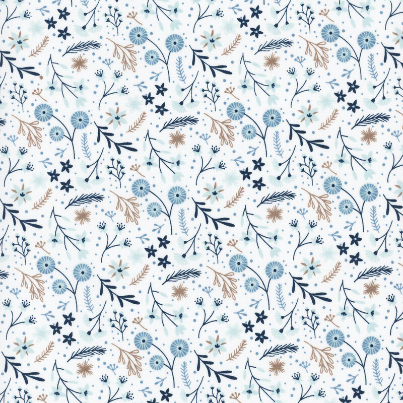 Fabric tossed with florals, leaves, and sprigs on a white background.