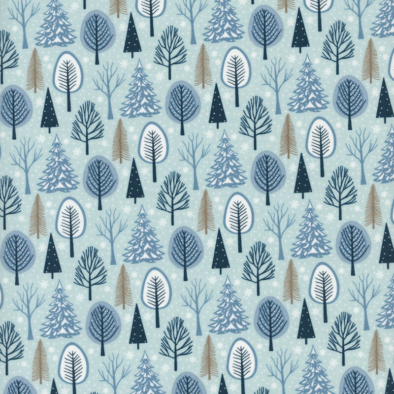 Fabric featuring various trees on a light aqua background.