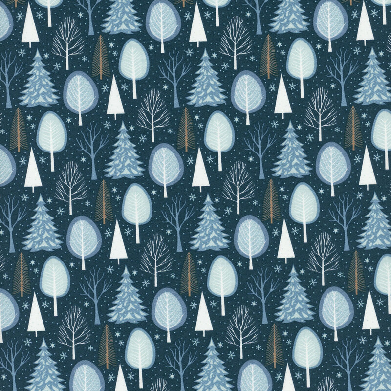 Fabric featuring various trees on a dark teal background.
