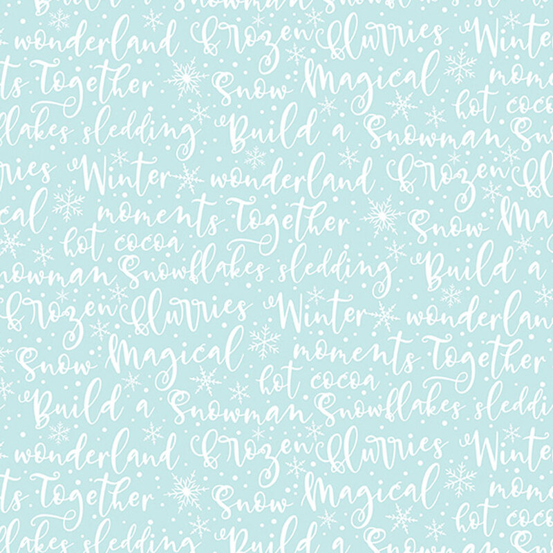 Light aqua fabric with overlapping white text featuring winter-themed phrases and words.