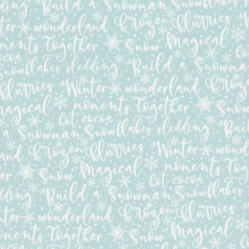 Light aqua fabric with overlapping white text featuring winter-themed phrases and words.