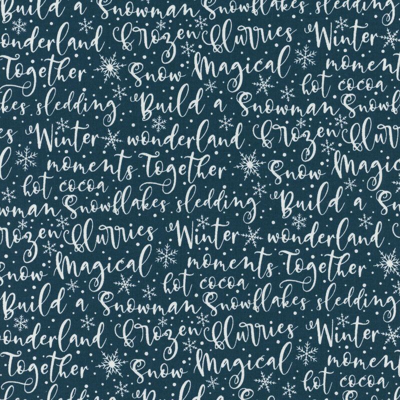 Dark teal fabric with overlapping white text featuring winter-themed phrases and words.