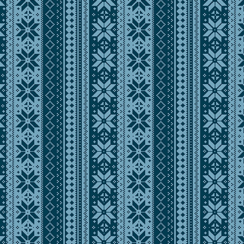 A repeating striped pattern featuring intricate designs and snowflakes in teal and light aqua.