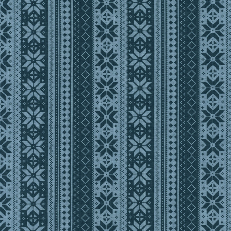 A repeating striped pattern featuring intricate designs and snowflakes in teal and light aqua.