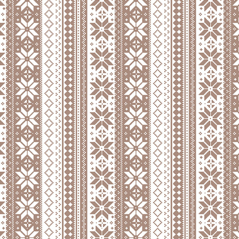 A repeating striped pattern featuring intricate designs and snowflakes in light brown and white.