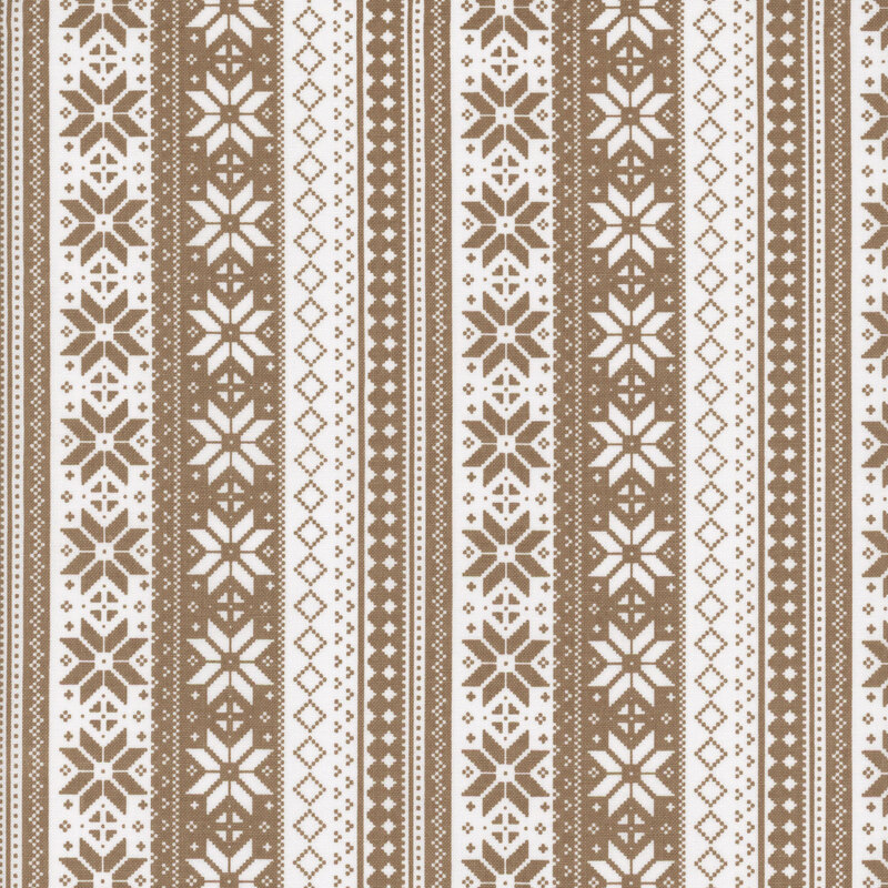 A repeating striped pattern featuring intricate designs and snowflakes in light brown and white.