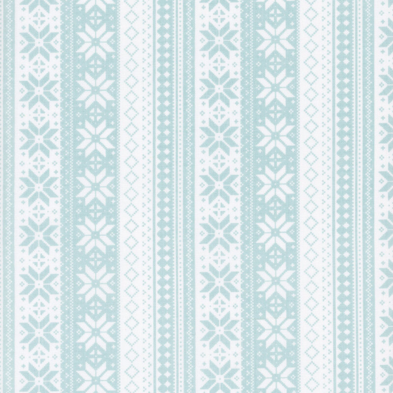 A repeating striped pattern featuring intricate designs and snowflakes in white and light aqua.