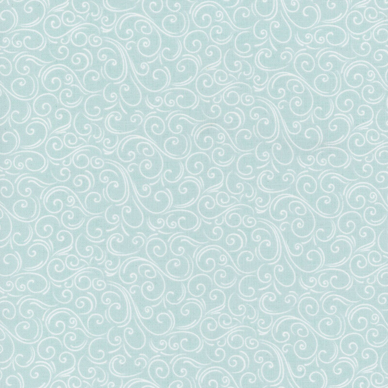 Light aqua fabric with delicate white swirling patterns.