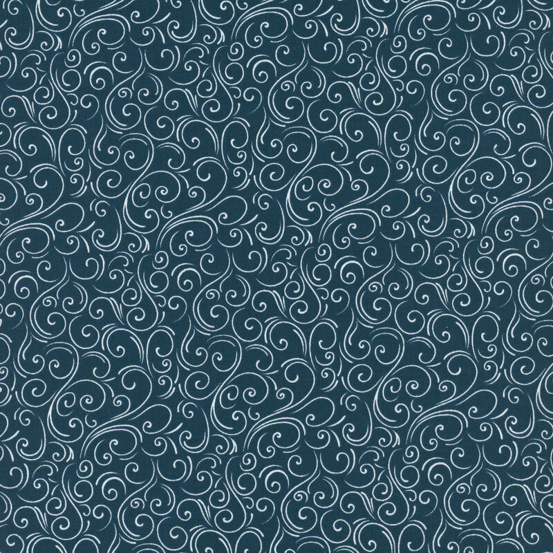 Dark teal fabric with delicate white swirling patterns.
