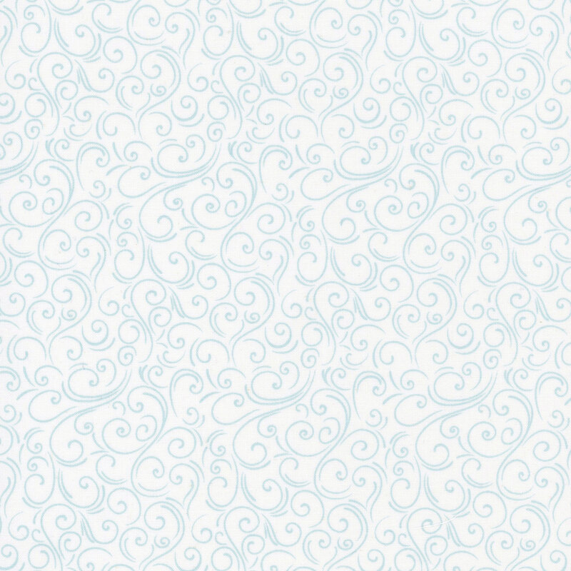 White fabric with delicate blue swirling patterns.