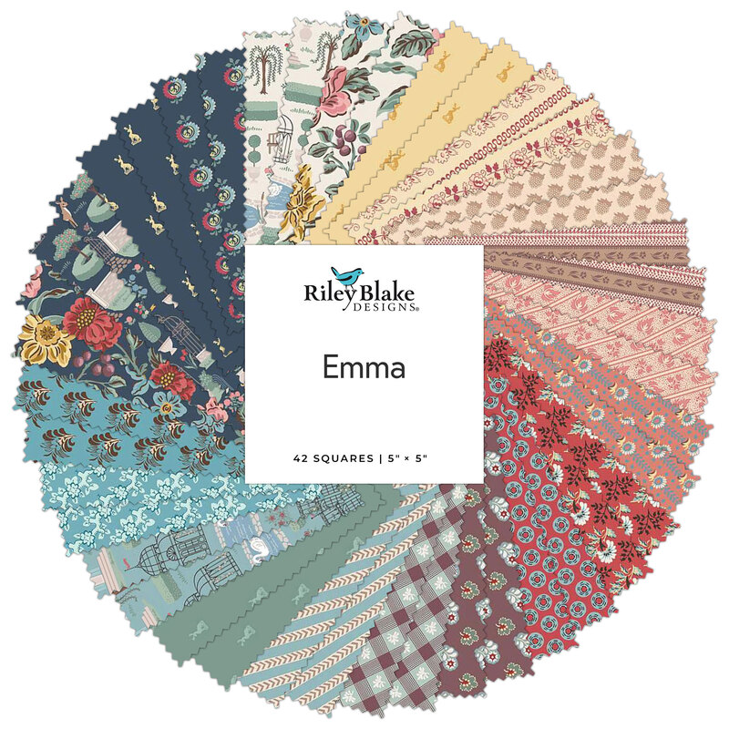 A spiraled collage of vintage fabrics with an Emma by Riley Blake Designs tag in the center