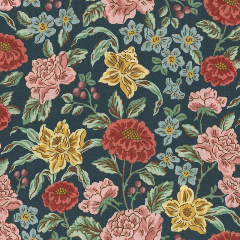 Fabric pattern featuring pink, red, yellow flowers, and blue blossoms on a navy background.