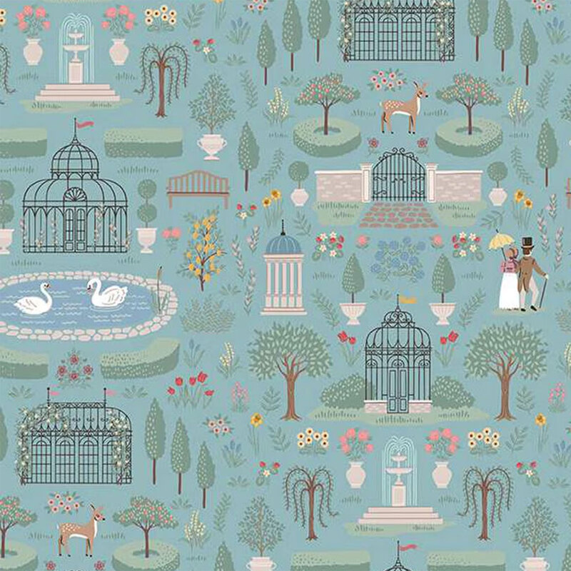 A whimsical garden fabric pattern featuring a gazebo, fountain, swans, deer, and a couple under an umbrella.