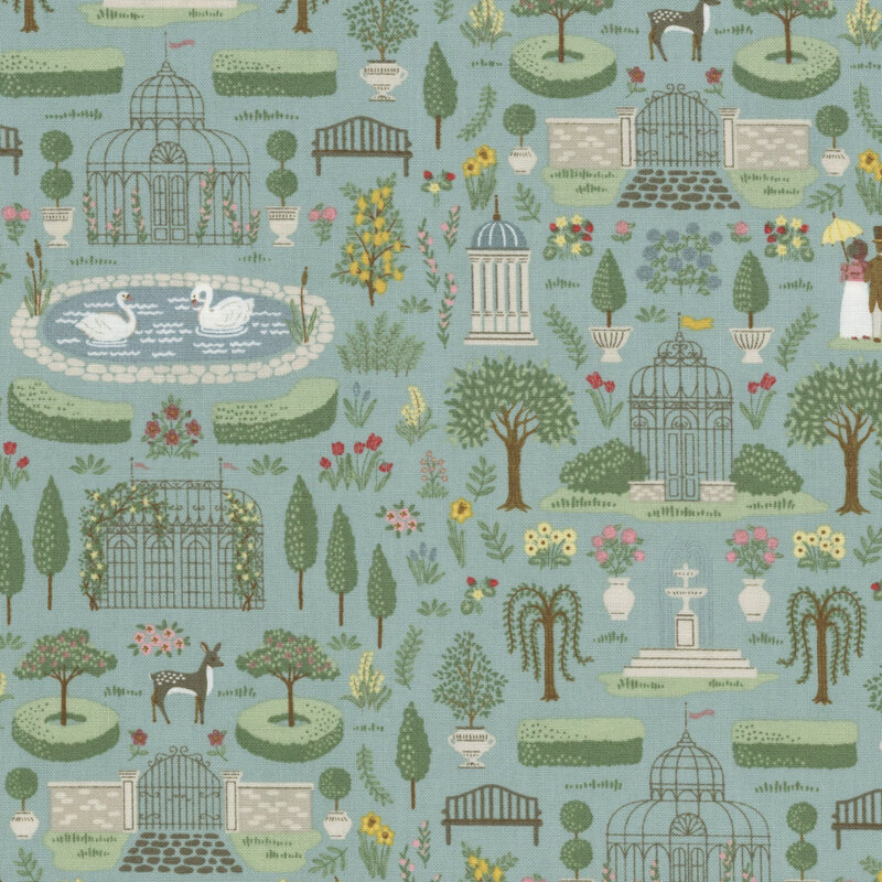 A whimsical garden fabric pattern featuring a gazebo, fountain, swans, deer, and a couple under an umbrella.