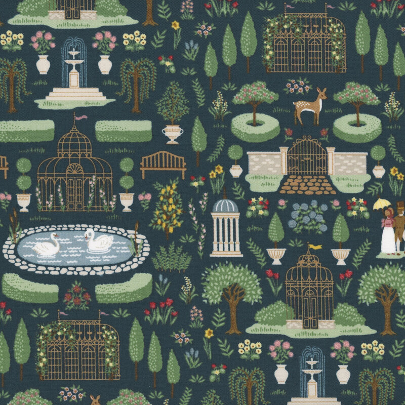 A whimsical floral wallpaper design featuring gardens, swans, deer, and a couple by a fountain.