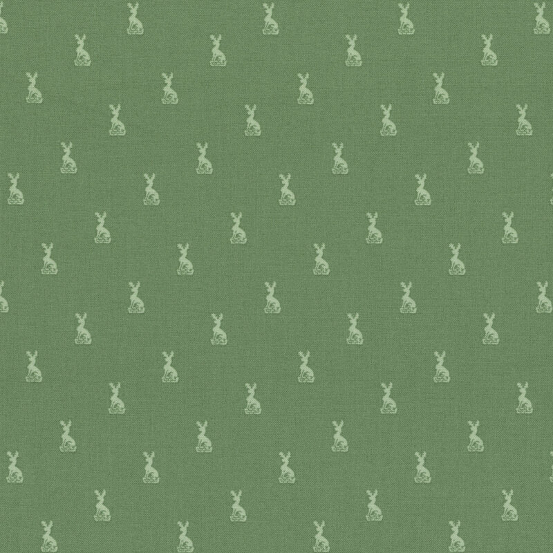 A fern green patterned background featuring small, light-colored deer silhouettes.