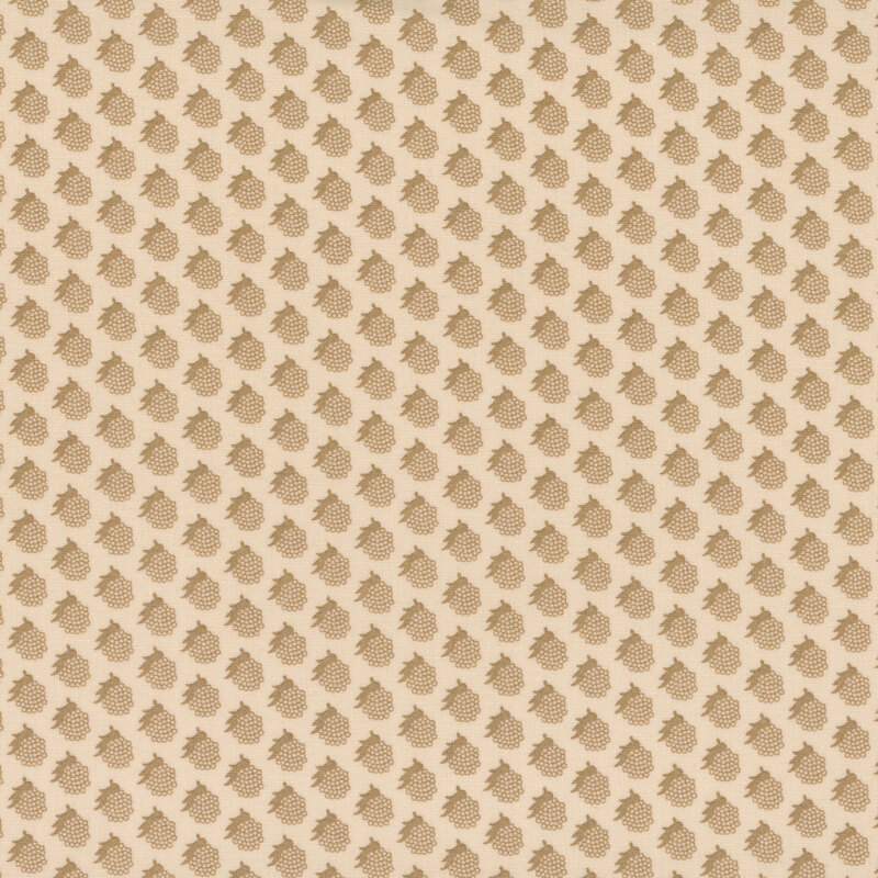 Repeating pattern of small berry clusters in muted tones on a light beige background.
