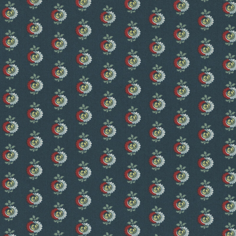 Navy blue fabric featuring red and blue circular floral accents