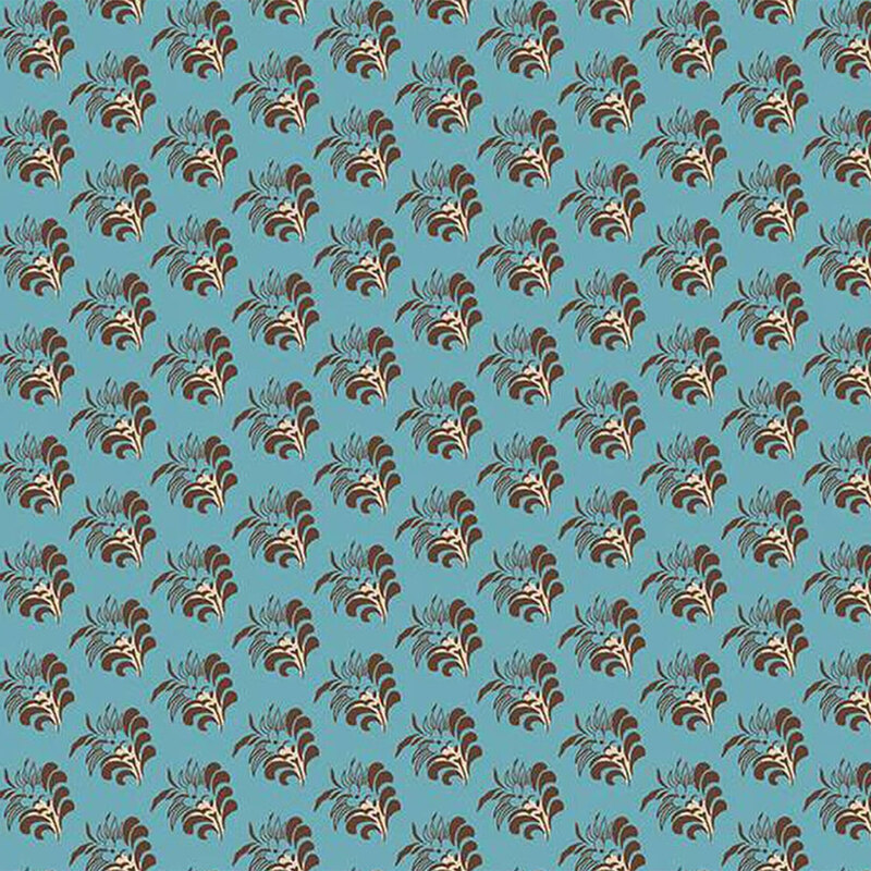 Repeating pattern of stylized brown and white flowers on a blue background.