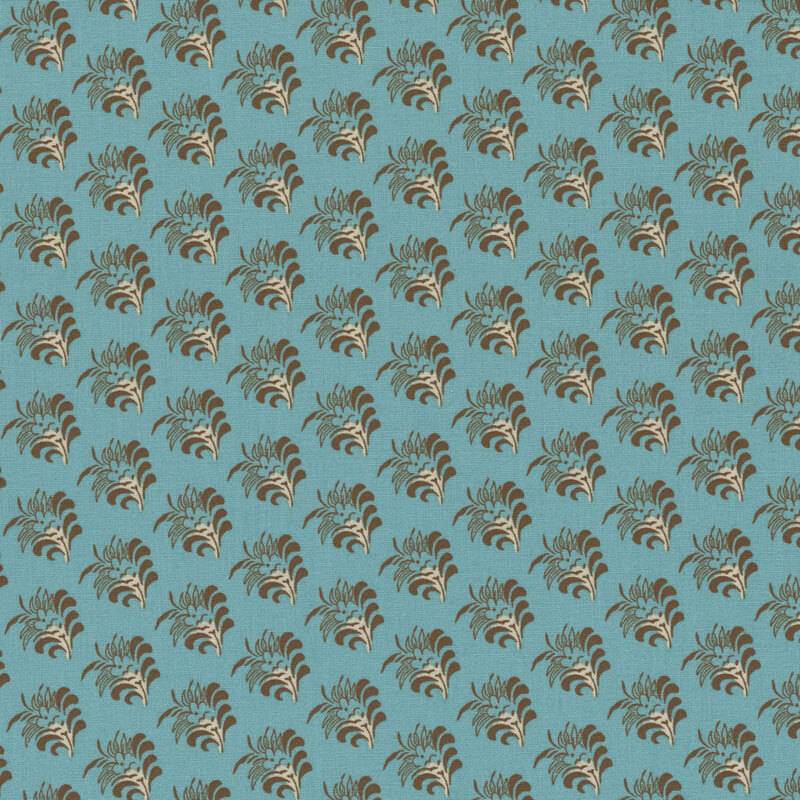 Repeating pattern of stylized brown and white flowers on a blue background.