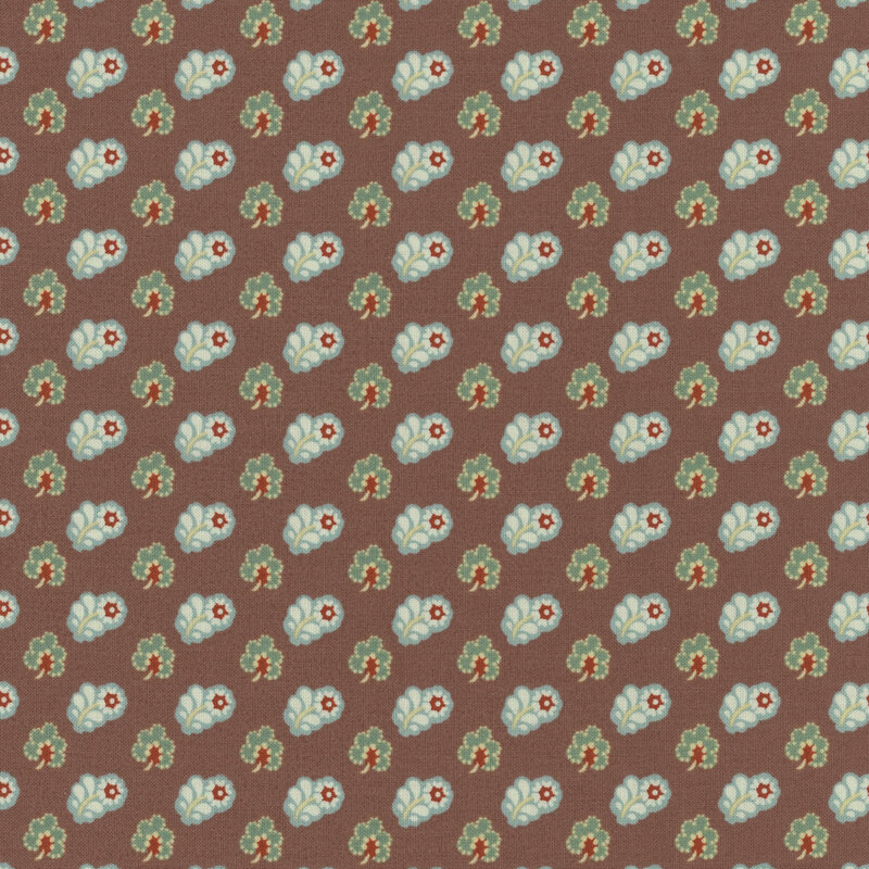 Vintage brown fabric with a repeating pattern of white florals and teal leaves throughout