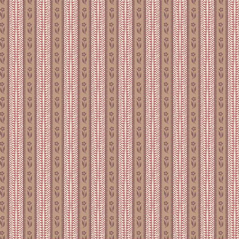 Repeating vertical pattern with thin stripes in shades of brown and light red, featuring floral motifs.