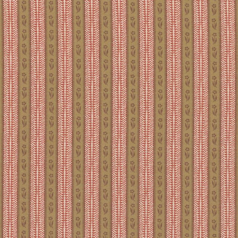 Repeating vertical pattern with thin stripes in shades of brown and light red, featuring floral motifs.