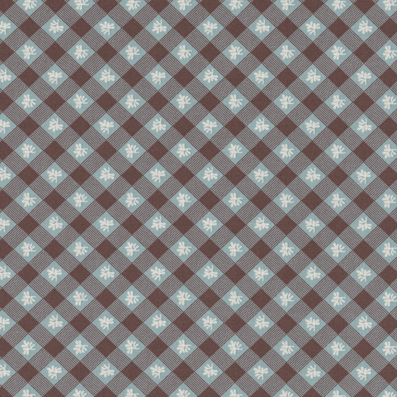 A brown and aqua plaid fabric pattern