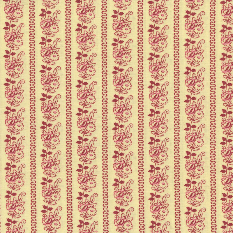 Repeating fabric pattern with red stripes and flowers against a beige background.