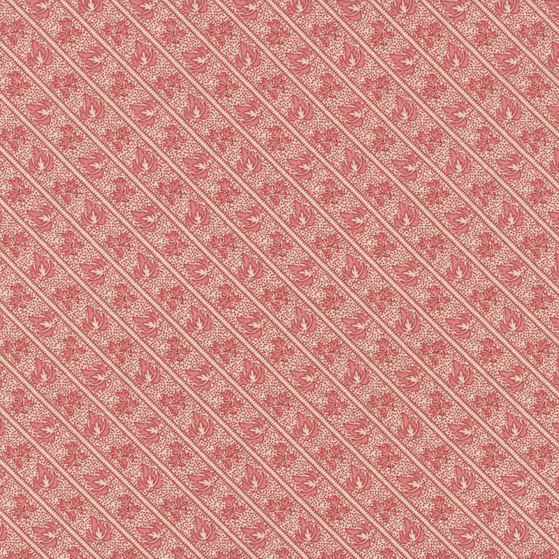 Repeating leaf pattern on a light cream background, featuring diagonal stripes in soft pink tones.