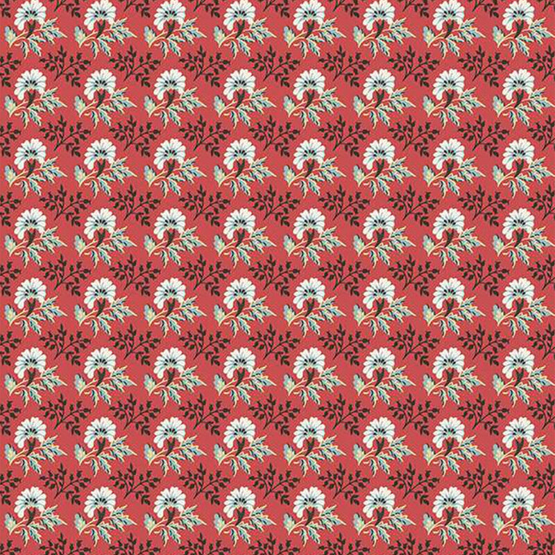 Floral pattern with white blooms and green leaves on a red background, arranged in a repeating design.