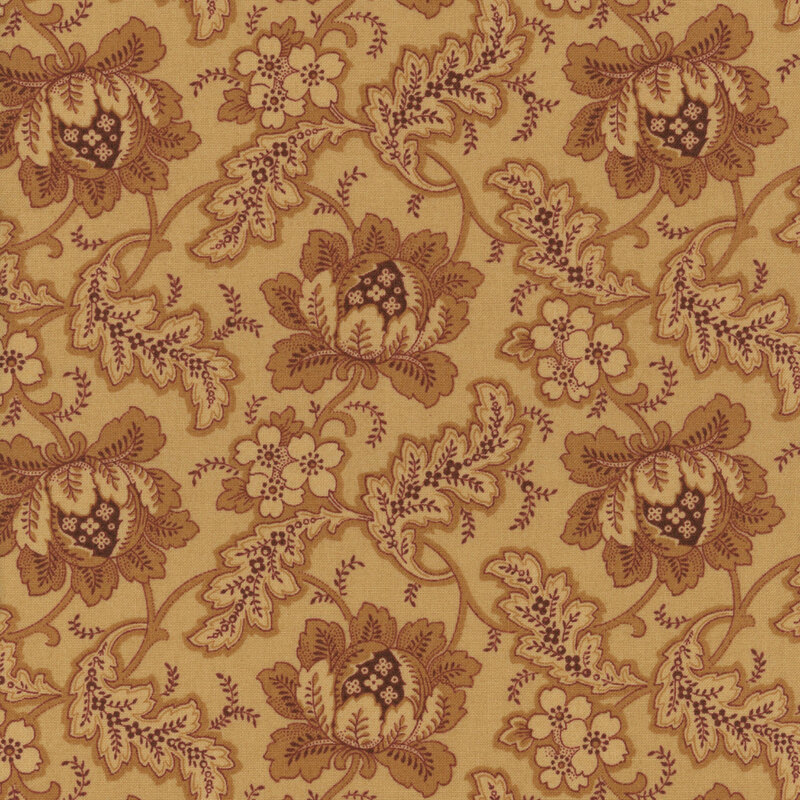A light tan fabric featuring ornate brown-red flowers and leaves sprawling across the design.