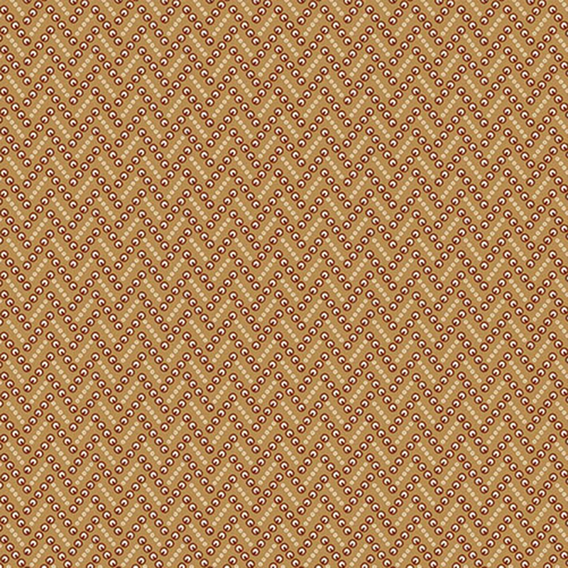 Warm brown fabric with dotted zigzag lines made up of abstract shapes.