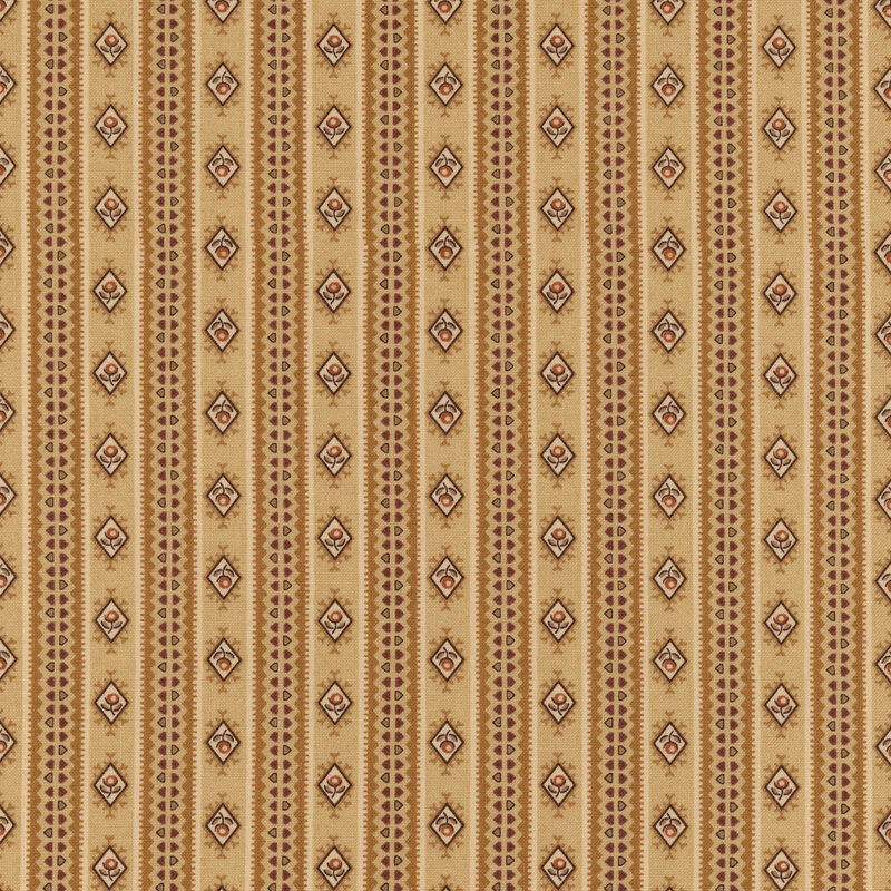 A tan fabric with alternating reddish-brown stripes and small ornate diamonds of red florals.