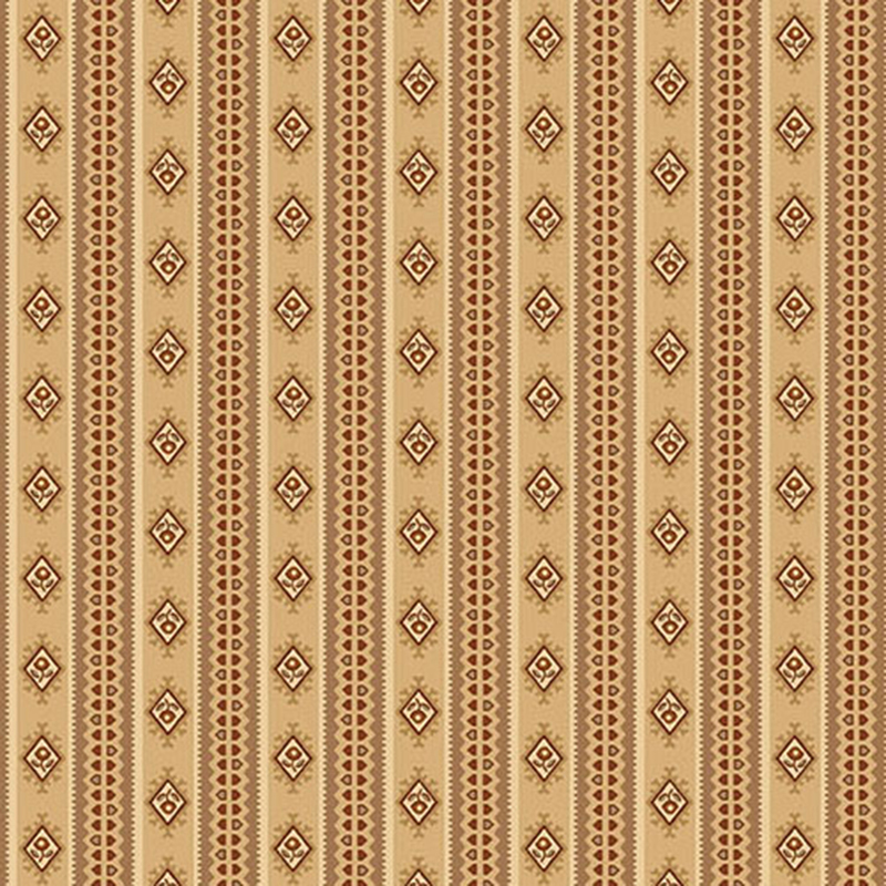 Tan fabric with alternating brown-red stripes and small ornate diamonds of red florals.