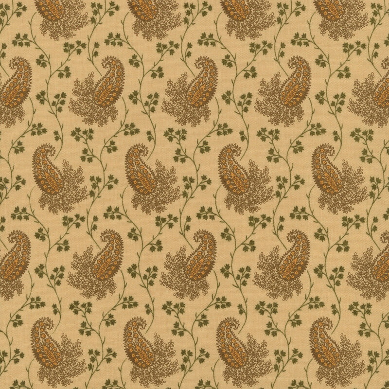 A light tan fabric with thin vines and clusters of flowers surrounding brown floral paisley designs.