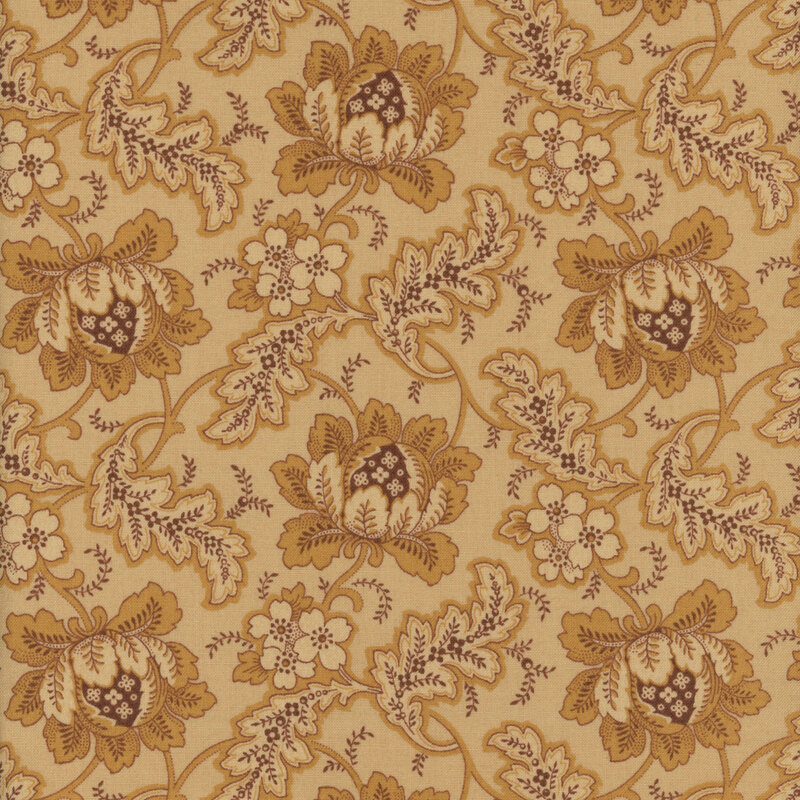 A light tan fabric featuring ornate flowers and leaves sprawling across the design.