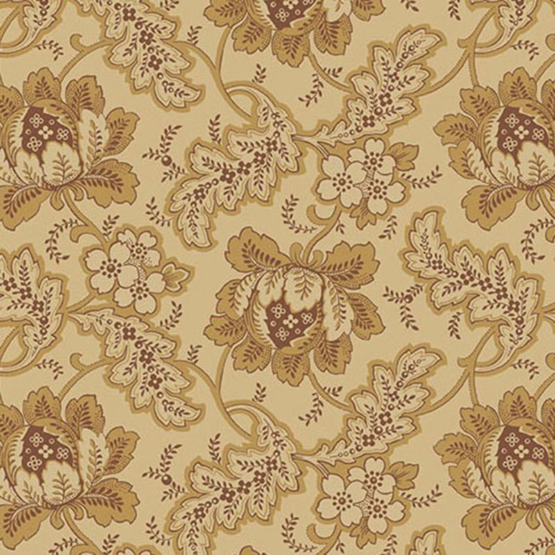 Light tan fabric featuring ornate flowers and leaves sprawling across the design.