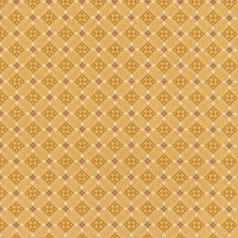 A yellow gingham with unique designs in each colored square.