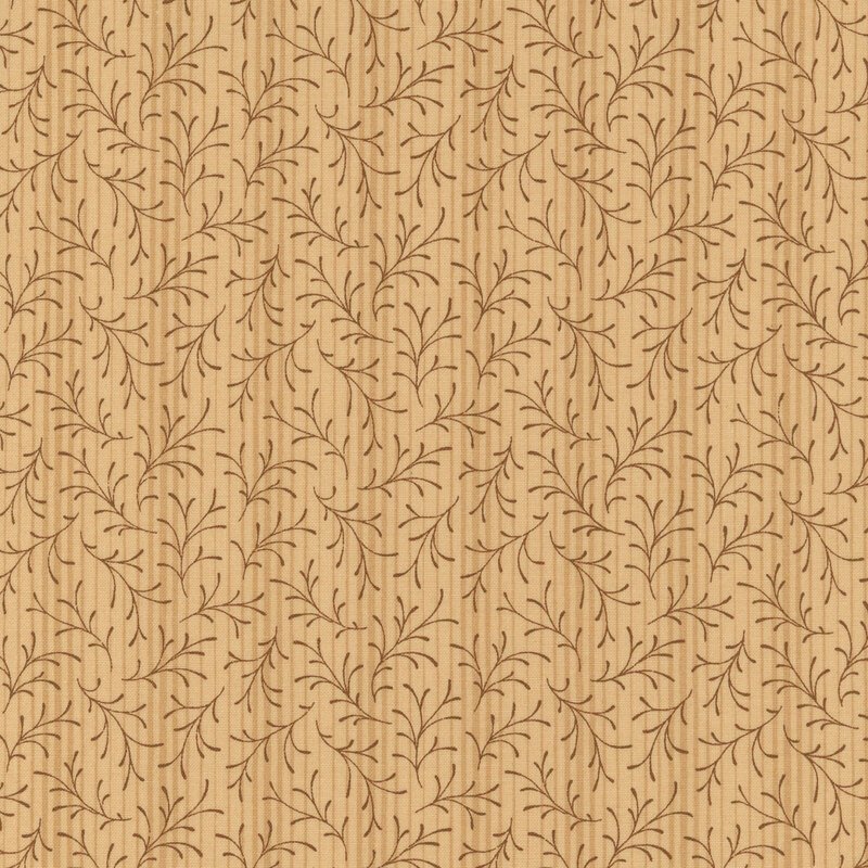 A warm tan fabric with sprawling vines and tonal stripes.