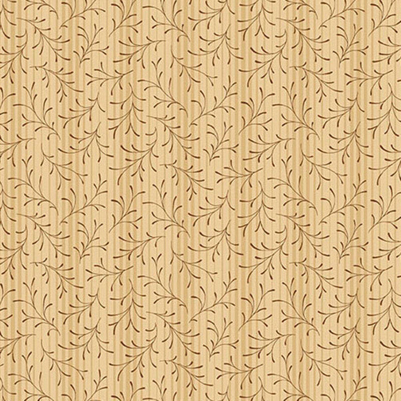 Warm tan fabric with sprawling vines and tonal stripes.