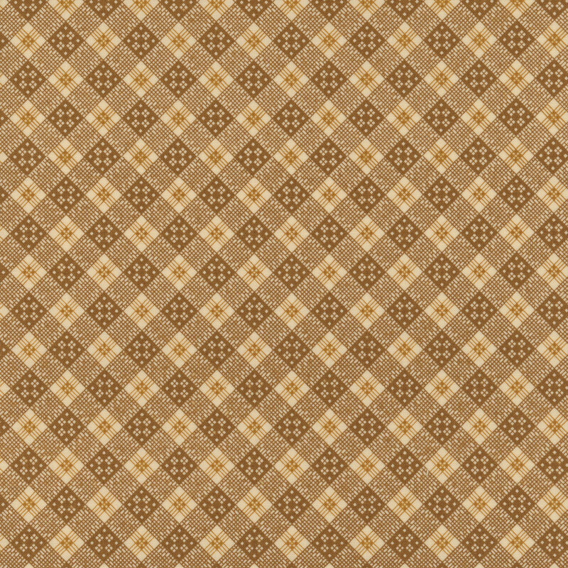 A warm brown gingham with unique designs in each colored square.
