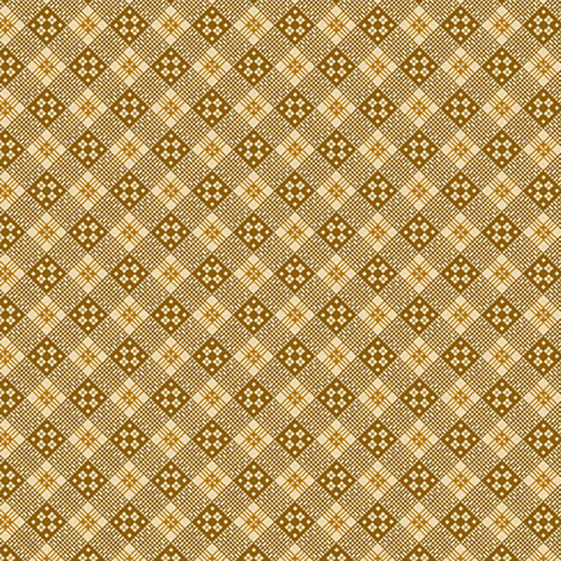 Warm brown diagonal geometric fabric with unique designs in each colored square.