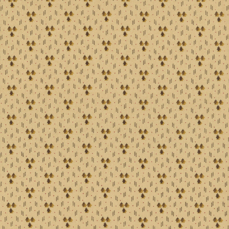 A light tan fabric with small red dots, dotted lines, and tiny trees.