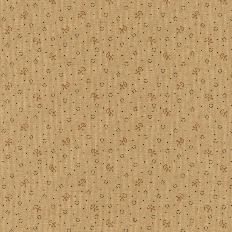 A neutral tan fabric with small calico sprouts and dotted circles scattered.