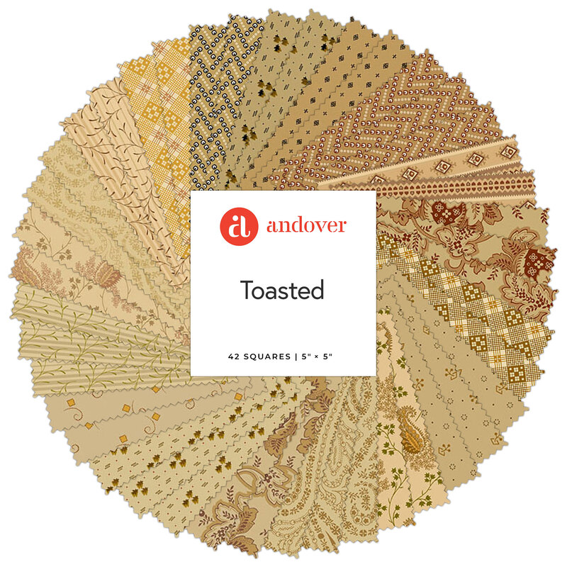 A spiral collage of the neutral fabrics included in the Toasted 5